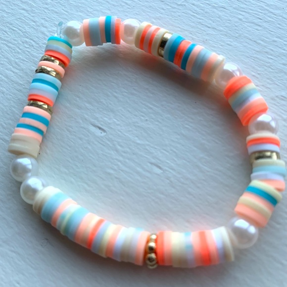 Bohemian clay bead braclet colorful stretch gold tone rings white pearls - Picture 9 of 11